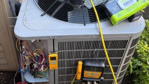 Heat pump disassembled for compressor and fan replacement