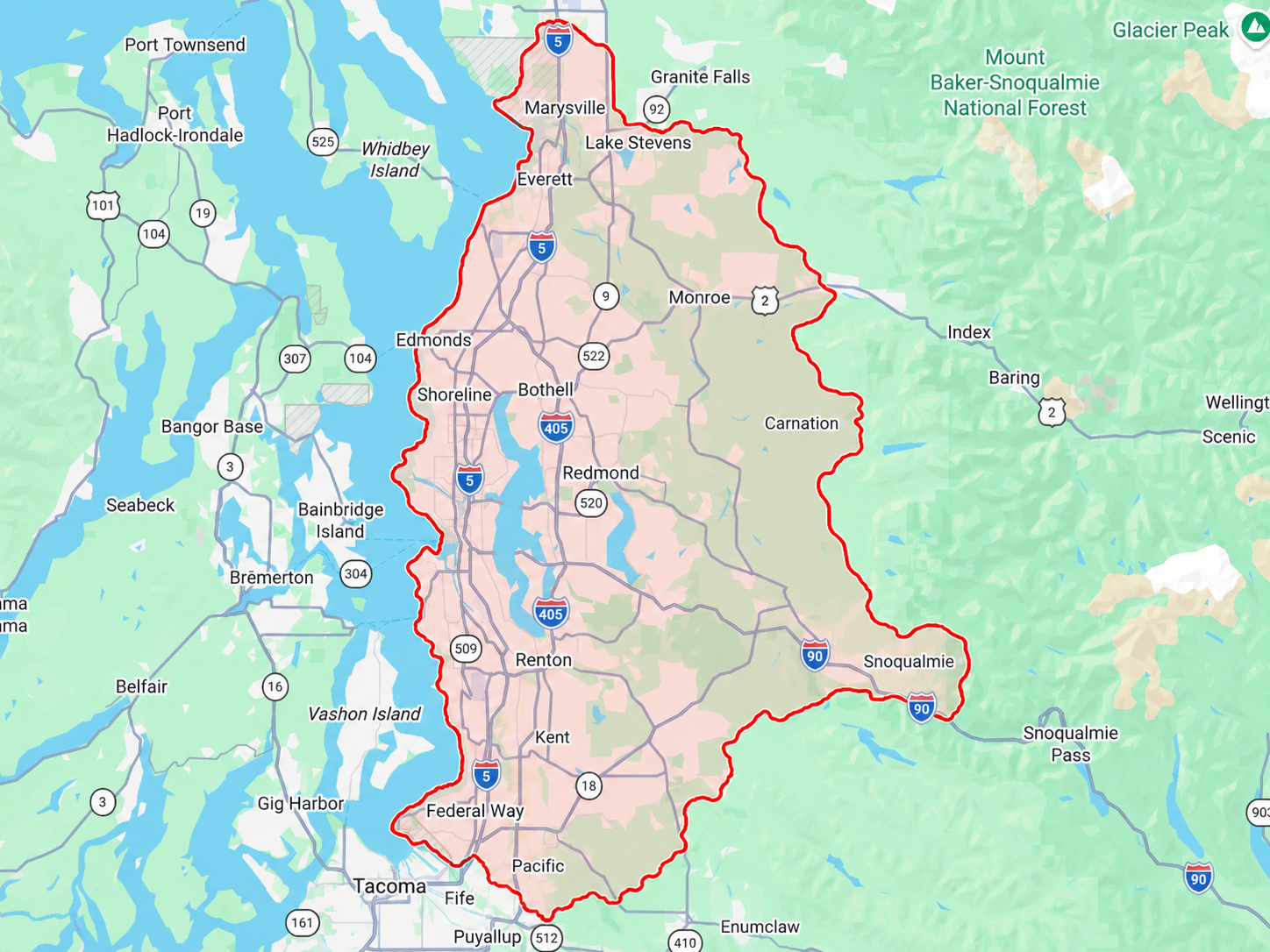 Map of Fuse Service HVAC service area in King and Snohomish County, Washington